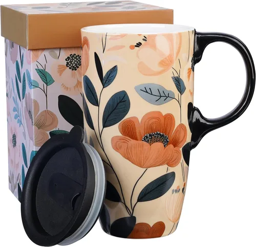 Topadorn Taza de Viaje de Cerámica con Tapa y Asa, Taza de Café Taza de Té en Caja de Color 17 Oz, Tapa Resistente a Salpicaduras - Vaso para Llevar