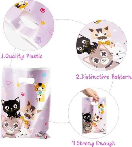Miniatura 3 de 3sscha 50 bolsas de regalo de fiesta de gato, con temática de gatito, morada, impermeable, bolsa de galletas con asas troqueladas, animales y patas