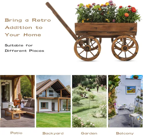 Miniatura 4 de Notume Maceta de Flores Rústica de Madera para Jardín, Jardineras Carreta para Decoración Interior Exterior Patio Trasero Balcón, para Decoración