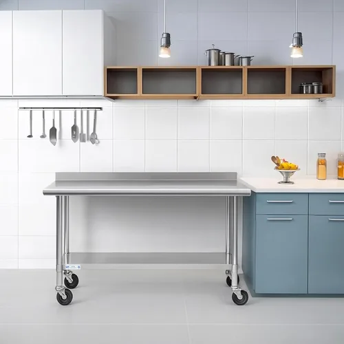 Miniatura 2 de Mesa de acero inoxidable para preparación y trabajo, con ruedas giratorias, mesa resistente, comercial NSF, con estante inferior y protector