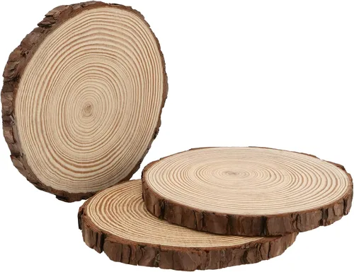 Miniatura 3 de KEILEOHO 9 piezas de rebanadas de madera natural con corteza, discos de árbol sin terminar de 8 a 10 pulgadas, rebanada de madera redonda