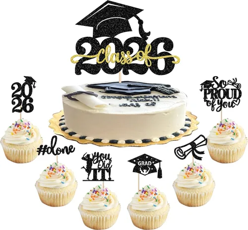Miniatura 66 de Paquete de 24 adornos para cupcakes de clase 2025 con purpurina 2025 para diploma de graduación 2025 para cupcakes temáticos de graduación 2025