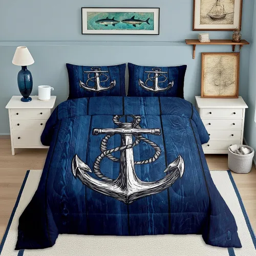 Miniatura 22 de Juego de edredón Lake House tamaño Twin, juego de ropa de cama náutica de navegación con ancla de 2 piezas para decoración de habitación de niños