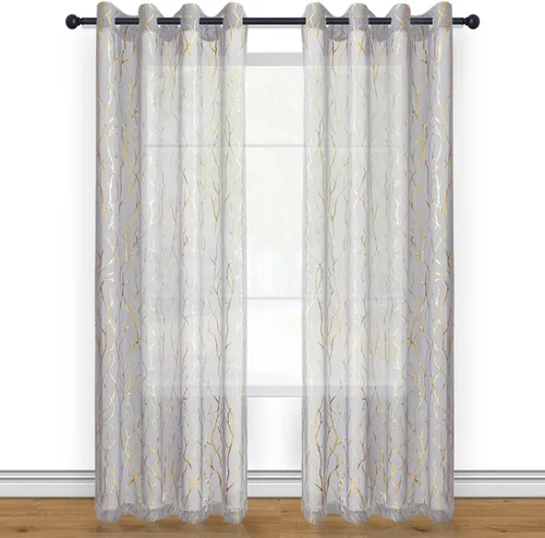Miniatura 2 de Kotile Cortinas traslúcidas de rama de árbol – Cortinas traslúcidas grises con estampado de rama de árbol en lámina dorada metálica de 63 pulgadas