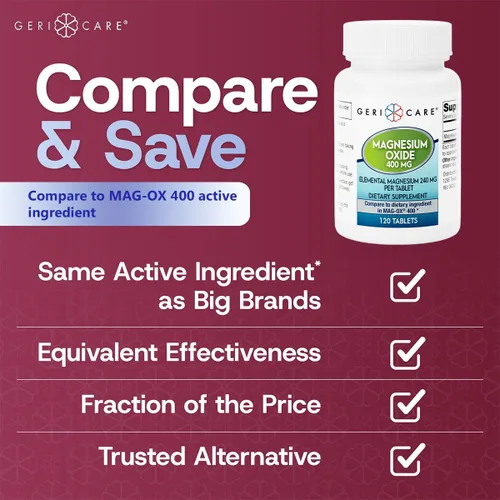 Miniatura 4 de GeriCare Suplemento de óxido de magnesio 240 mg de magnesio elemental, 120 tabletas, apoyo mineral esencial, promueve la salud vascular, la fuerza