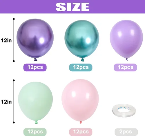 Miniatura 2 de Togvu Set de Globos de Fiesta de Sirena, 60 Paquetes de 12 Pulgadas Globos Metálicos de Látex Rosa Púrpura Verde Azul para Decoración de Cumpleaños