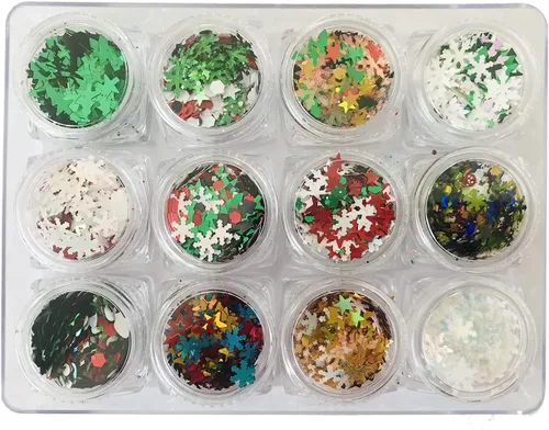 Caja y juego de 12 colores – Árbol de copo de nieve de Navidad Serie de mezclas gruesas con purpurina – Festival Rave Beauty Maquillaje de cara