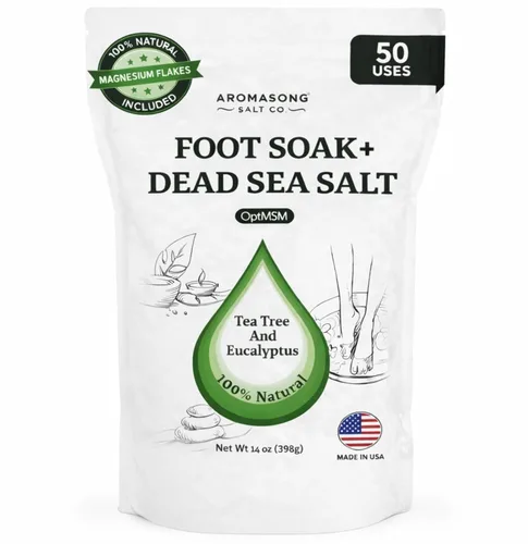 Aromasong Remojar pies de árbol de té con sal del mar muerto y copos de magnesio – Sales refrescantes de baño de pies para relajación, control de