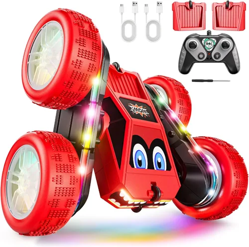WayEee Coche de control remoto, 360° voltea RC Stunt Car con tiras de luces LED, batería modular de carga tipo C, 2.4 GHZ de doble cara de alta Rojo