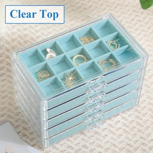 Miniatura 2 de misaya Organizador de joyas de aretes, caja de joyería de acrílico transparente con 5 cajones para mujeres, soporte de terciopelo para aretes