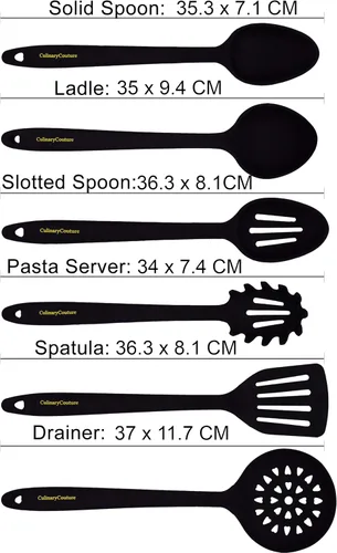 Miniatura 8 de Culinary Couture Juego de 6 utensilios de cocina de silicona negra, antiadherentes, resistentes al calor, con núcleo interior de acero