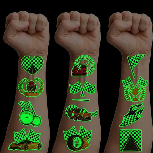 Miniatura 9 de 96 tatuajes temporales de bandera a cuadros para niños, recuerdos de fiesta de autos de carreras y decoraciones de cumpleaños, calcomanías falsas