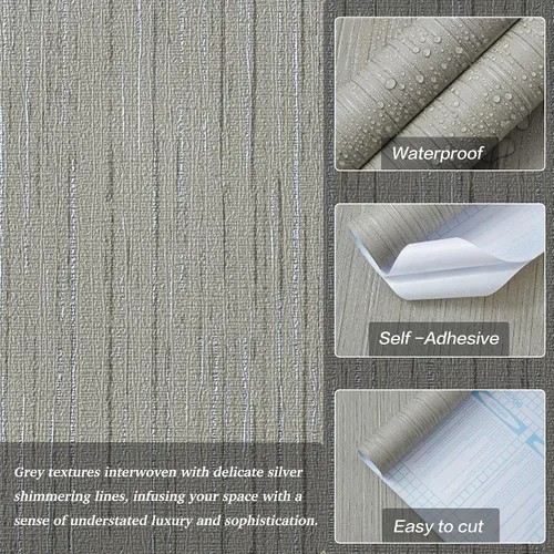 Miniatura 2 de Papel tapiz texturizado de tela de pasto gris para baño y dormitorio, papel adhesivo extraíble impermeable para gabinetes y muebles, 17.3 x 118
