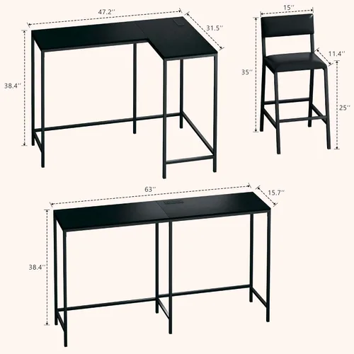 Miniatura 2 de HUAHUU Juego de mesa de bar y sillas para 2-4, mesa de cocina convertible en forma de L de 63 pulgadas con tomas de corriente, mesa de comedor