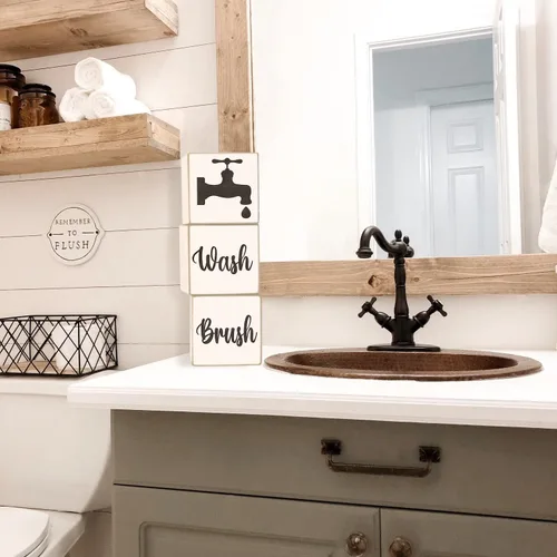 Miniatura 5 de Divertida decoración de baño de granja, bloques de madera de 4 lados, bonito letrero de baño rústico para estante, detalles de decoración del hogar
