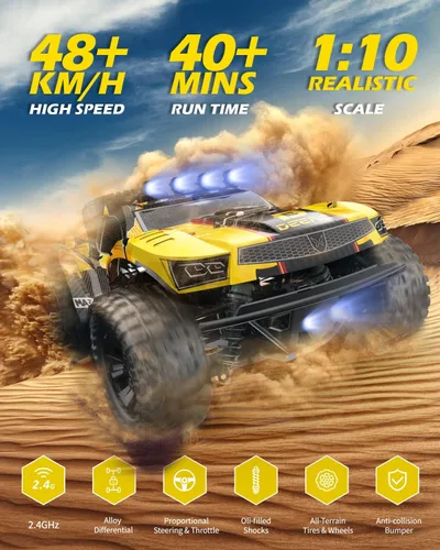 Miniatura 2 de DEERC 9201E 1:10 Camión a control remoto grande con luces, automóvil RC de curso corto rápido, vehículo eléctrico todoterreno de juguete de grado