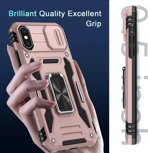 Miniatura 246 de DEERLAMN Funda para iPhone Xs Max con funda deslizante para cámara + protector de pantalla, soporte giratorio de anillo de grado militar a prueba