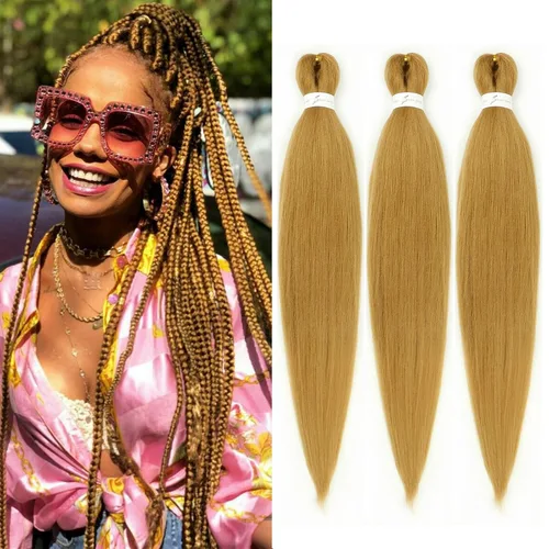 Miniatura 23 de Cabello trenzado marrón preestirado de 30 pulgadas, 3 paquetes de cabello trenzado preestirado de color 30 EZ, textura Yaki, extensiones de cabello