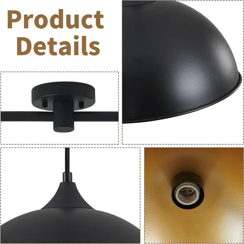 Miniatura 3 de Luces colgantes para isla de cocina, paquete de 3 lámparas colgantes de cúpula con acabado negro y dorado, lámpara colgante industrial para comedor