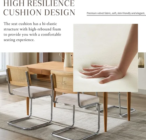Miniatura 5 de Upholstered Velvet Dining Chairs Set of 2, Mid Century Modern Armless Upholstered Dining Chair with Rattan Back Stainless Chrome Frame for Dining