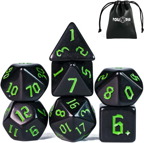 Juego de dados DND de 7 dados poliédricos con una bolsa de dados de cuero, juego de dados D&D para juegos de mesa RPG (negro)
