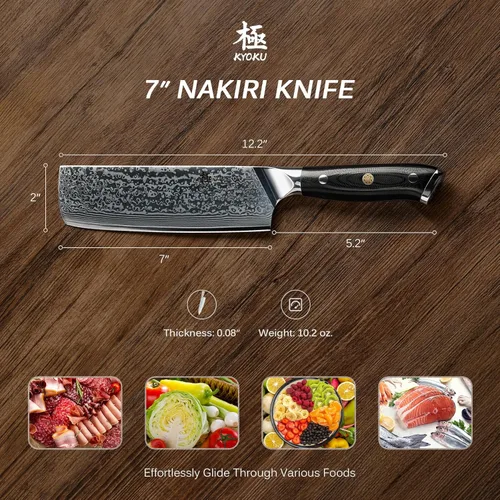 Miniatura 6 de KYOKU Cuchillo Nakiri de 7 pulgadas, serie Shogun, estilo japonés VG10, núcleo de acero, hoja de damasco, con funda y estuche