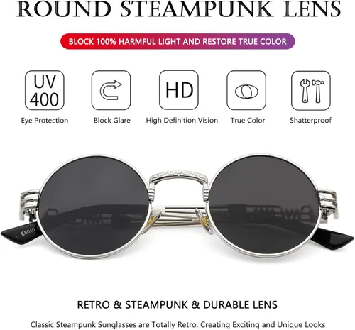 Miniatura 3 de AIEYEZO Gafas de sol redondas steampunk Circle Lennon Hippie marco de metal lente de bloqueo UV 100