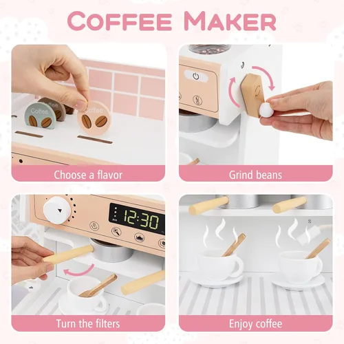 Miniatura 2 de HONEY JOY Juego de cocina para niños, juego de cocina de juguete de madera con luces, cafetera, microondas, fregadero, máquina de hielo, lavadora