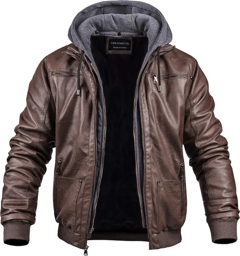 Miniatura 2 de CREATMO US Chaqueta de piel sintética para hombre, impermeable, resistente al viento, PU con capucha extraíble
