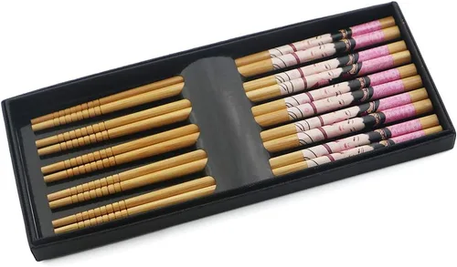 Miniatura 6 de Juego de 5 pares de palillos de bambú, reutilizables, estilo japonés, antideslizantes, juego de palillos clásicos de bambú natural, aptos