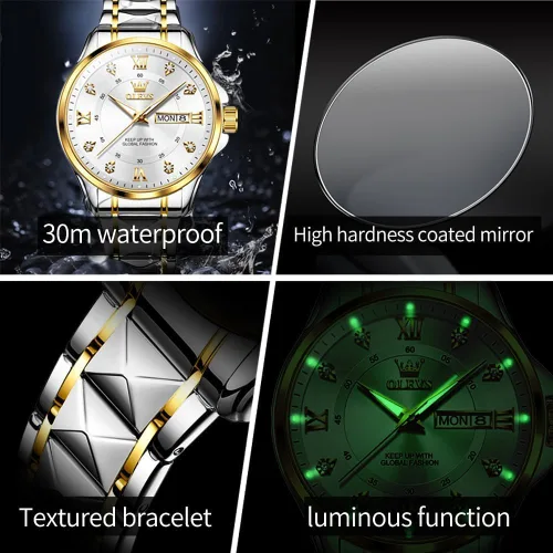 Miniatura 20 de OLEVS Reloj para parejas para él y ella, reloj analógico de cuarzo para hombres y mujeres, de acero inoxidable, impermeable, luminoso, fecha, reloj