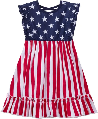 Mud Kingdom Vestido para niñas del 4 de julio, lindo día de la independencia, bandera estadounidense, manga con volantes, vacaciones de verano