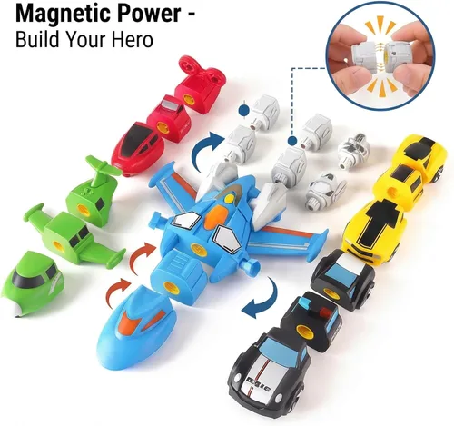 Miniatura 3 de QUERCITRON - Juego de vehículos magnéticos 5 en 1, juguete que se transforma en robot, kit de figuras de acción de construcción con piezas