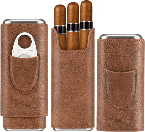Miniatura 9 de COOL KNIGHT - Estuche de cuero para puros con forro de madera de cedro, humidor portátil para viajes, accesorios para puros que incluyen cortador
