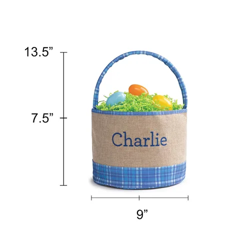 Miniatura 5 de Bolsa de cubo de Pascua personalizada con nombre personalizado Bolsa de Pascua de arpillera a cuadros azules con asa Cesta de huevos para niños