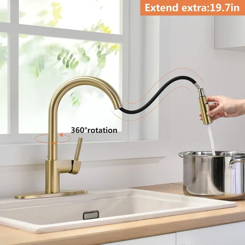 Miniatura 3 de Grifo de cocina dorado con rociador extraíble, grifo de fregadero de cocina extraíble de una sola manija de 1 y 3 agujeros con placa de cubierta