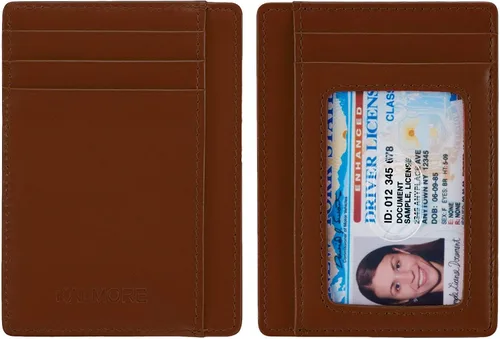 Miniatura 5 de KALMORE Cartera delgada de cuero genuino con bolsillo frontal y ventana de identificación