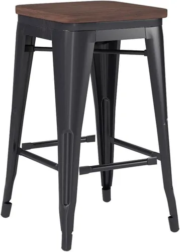 Miniatura 4 de Yongchuang Juego de 4 taburetes de bar de metal negro de 24 pulgadas, apilables, sin espalda, con parte superior de madera