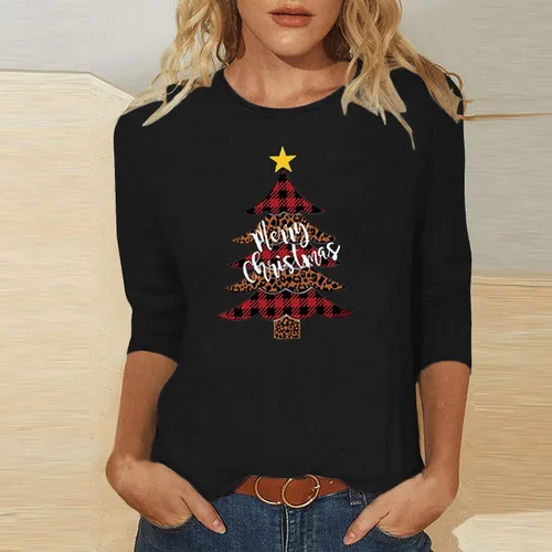 Miniatura 2 de Tuianres Women's Christmas 34 Sleeve Dressy Tops Loose Funny Christmas Tree Shirts Vacation Round Neck T-Shirt Tops