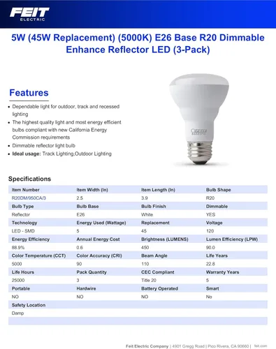 Miniatura 2 de Feit Electric Bombilla LED R20, equivalente a 45 W, regulable, luz diurna de 5000 K, 450 lúmenes, 90 CRI, base E26, bombillas de iluminación