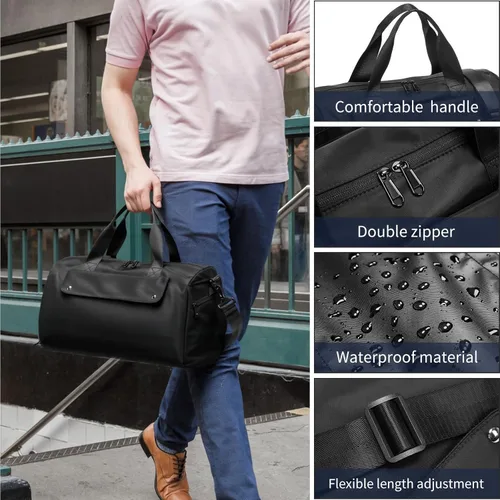 Miniatura 8 de reeyee Bolsa de gimnasio pequeña, bolsa de lona impermeable negra para hombres, bolsa de entrenamiento Cordura con funda de carretilla, bolsa