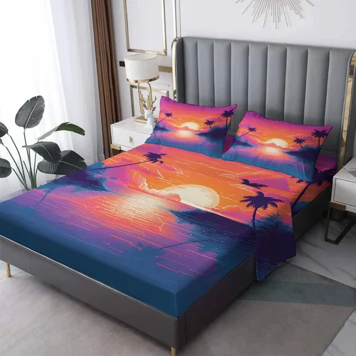 Miniatura 9 de Juego de sábanas de 3 piezas con diseño de palmera de neón con plantas tropicales, sábanas y fundas de almohada estampadas, sábana bajera ajustable