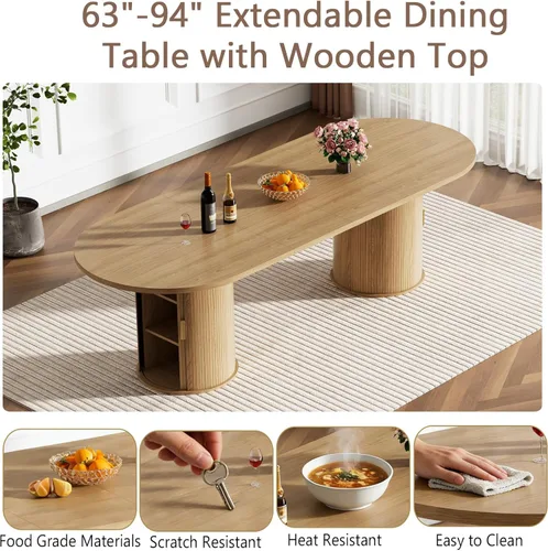 Miniatura 3 de Mesa de comedor redonda extensible con base de almacenamiento, mesa de comedor expandible natural de 63 a 94 pulgadas para 10 personas, mesa