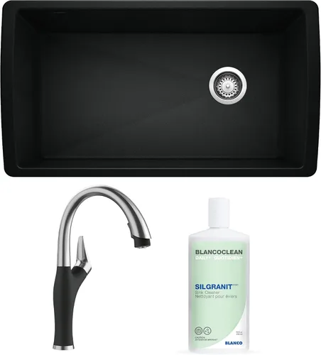 Diamond Super Single Bundle con limpiador de grifo y fregadero, color negro carbón
