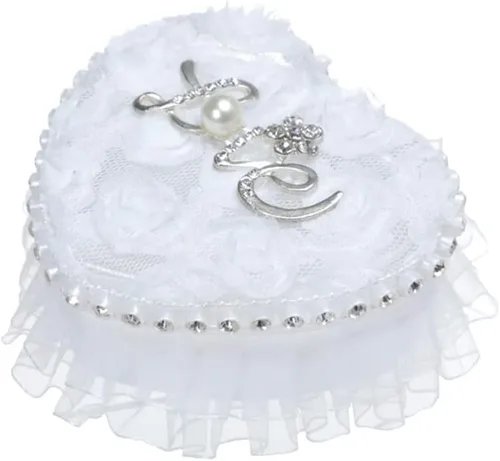 Caja de soporte para anillo de boda en forma de corazón, almohada romántica para portador de anillo de encaje blanco, cojín romántico de perlas de