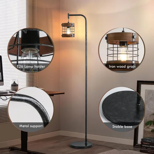 Miniatura 3 de Lámpara de pie industrial de 67 pulgadas con pantalla de madera y metal negro, lámpara de pie moderna, lámpara alta rústica estilo granja para sala
