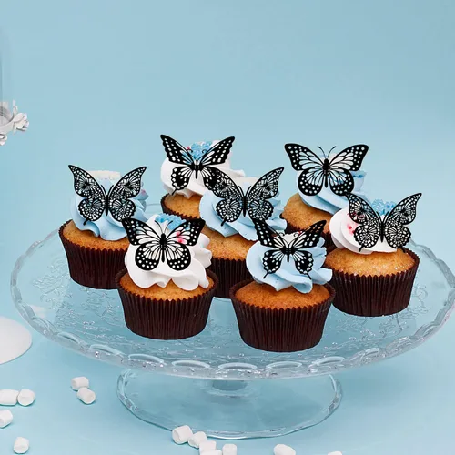 Miniatura 9 de Gyufise Paquete de 36 adornos de mariposa 3D con láser negro para cupcakes, decoración hueca para cumpleaños, boda, fiesta de hadas, calcomanías