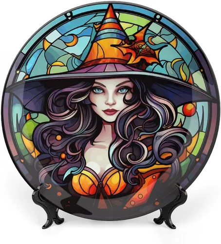 Miniatura 17 de Platos decorativos de Halloween, calabaza en el bosque, 31 de octubre por la noche, vitral, plato de cena de cerámica con soporte de exhibición