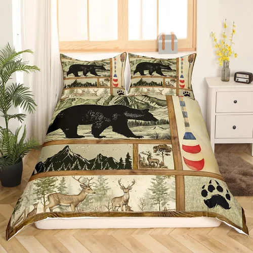 Miniatura 48 de Funda de edredón rústica tamaño Queen, juego de ropa de cama retro para cabaña de cabaña, oso de caza, ciervo, hojas de arce, funda de edredón
