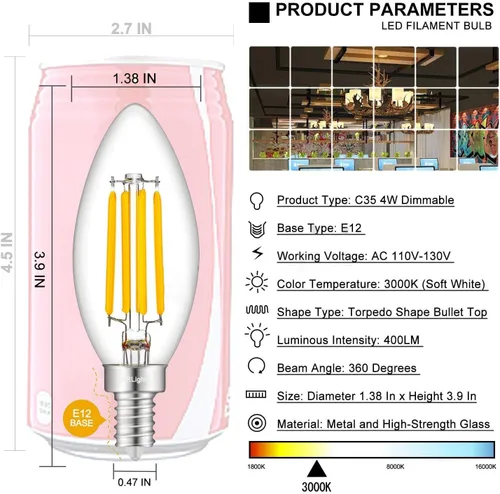 Miniatura 3 de Bombilla LED regulable de 3000 K, 4 W, blanco suave, equivalente a 40 W, 400 lúmenes, bombillas LED E12, forma de torpedo de cristal transparente